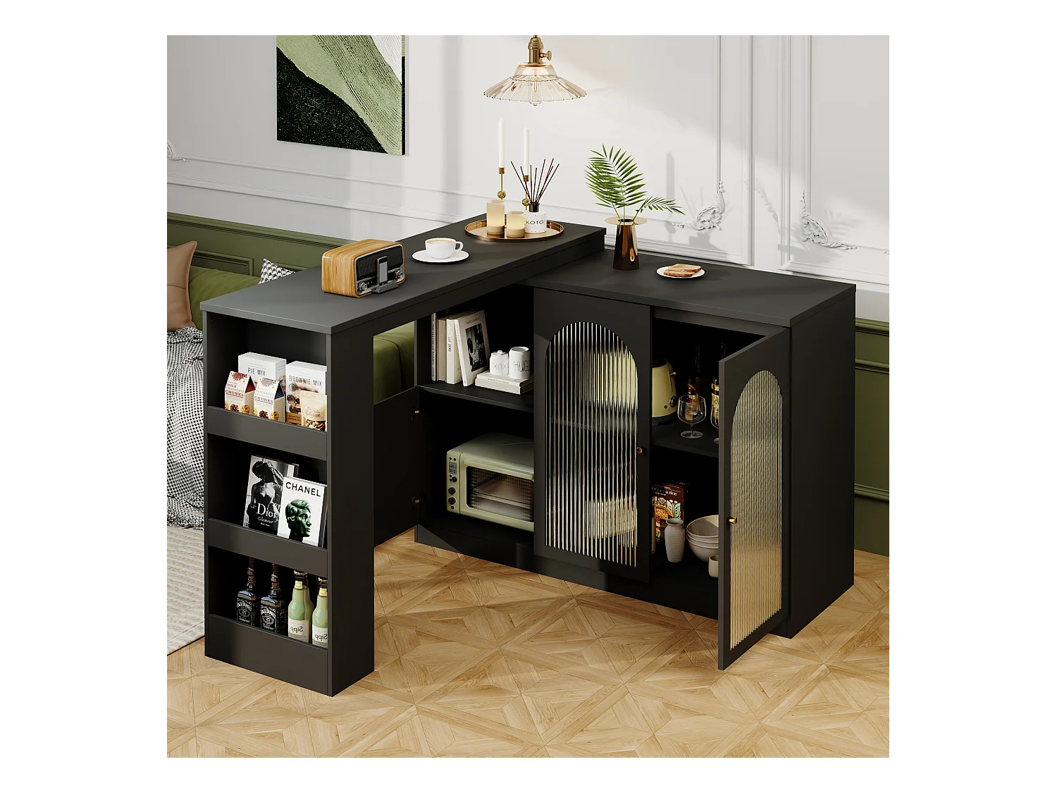 Mobile bar girevole con 3 ante di cui 2 in vetro, ripiani aperti inclusi, struttura nera - 120x40x103cm