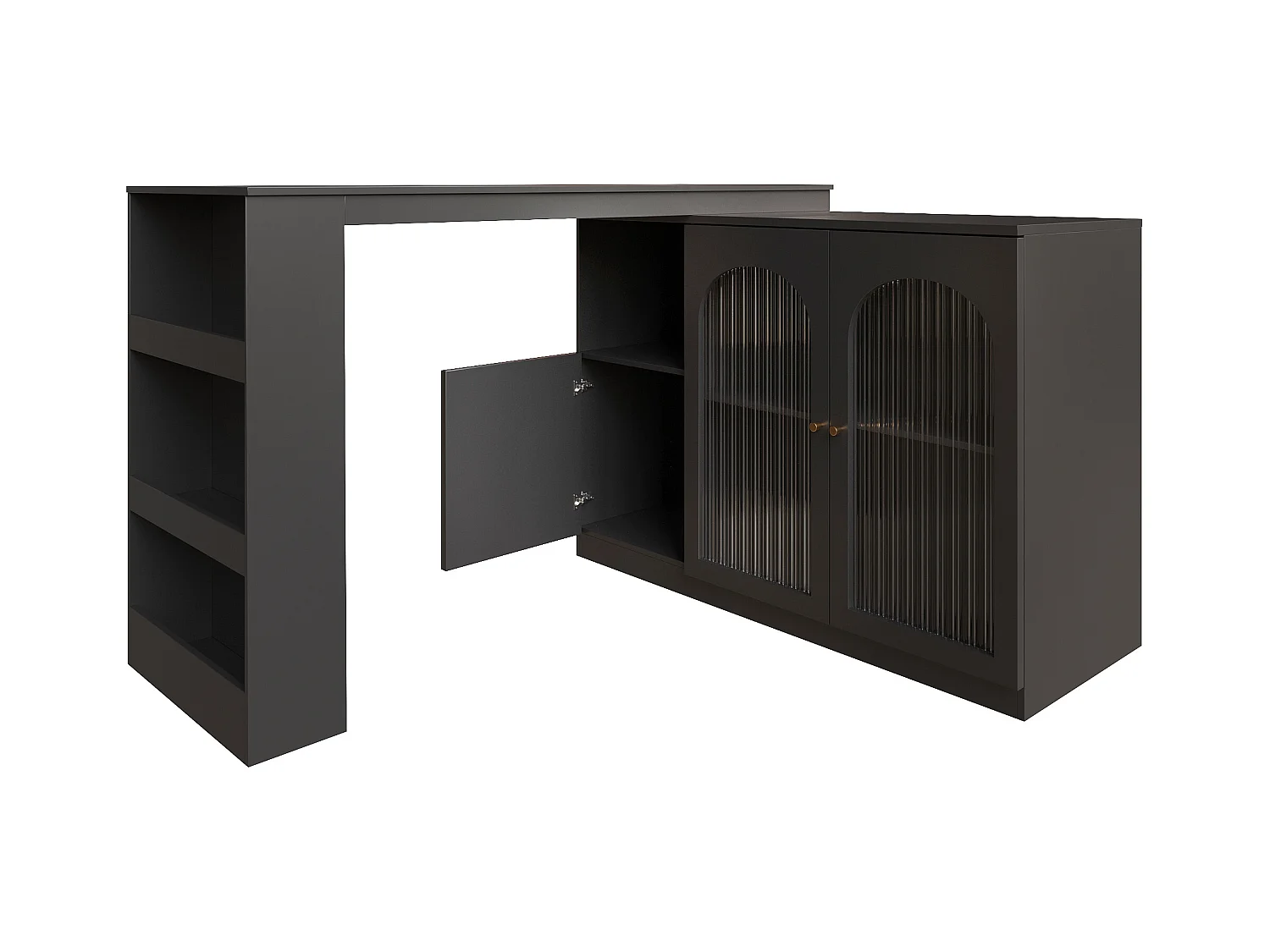 Mobile bar girevole con 3 ante di cui 2 in vetro, ripiani aperti inclusi, struttura nera - 120x40x103cm