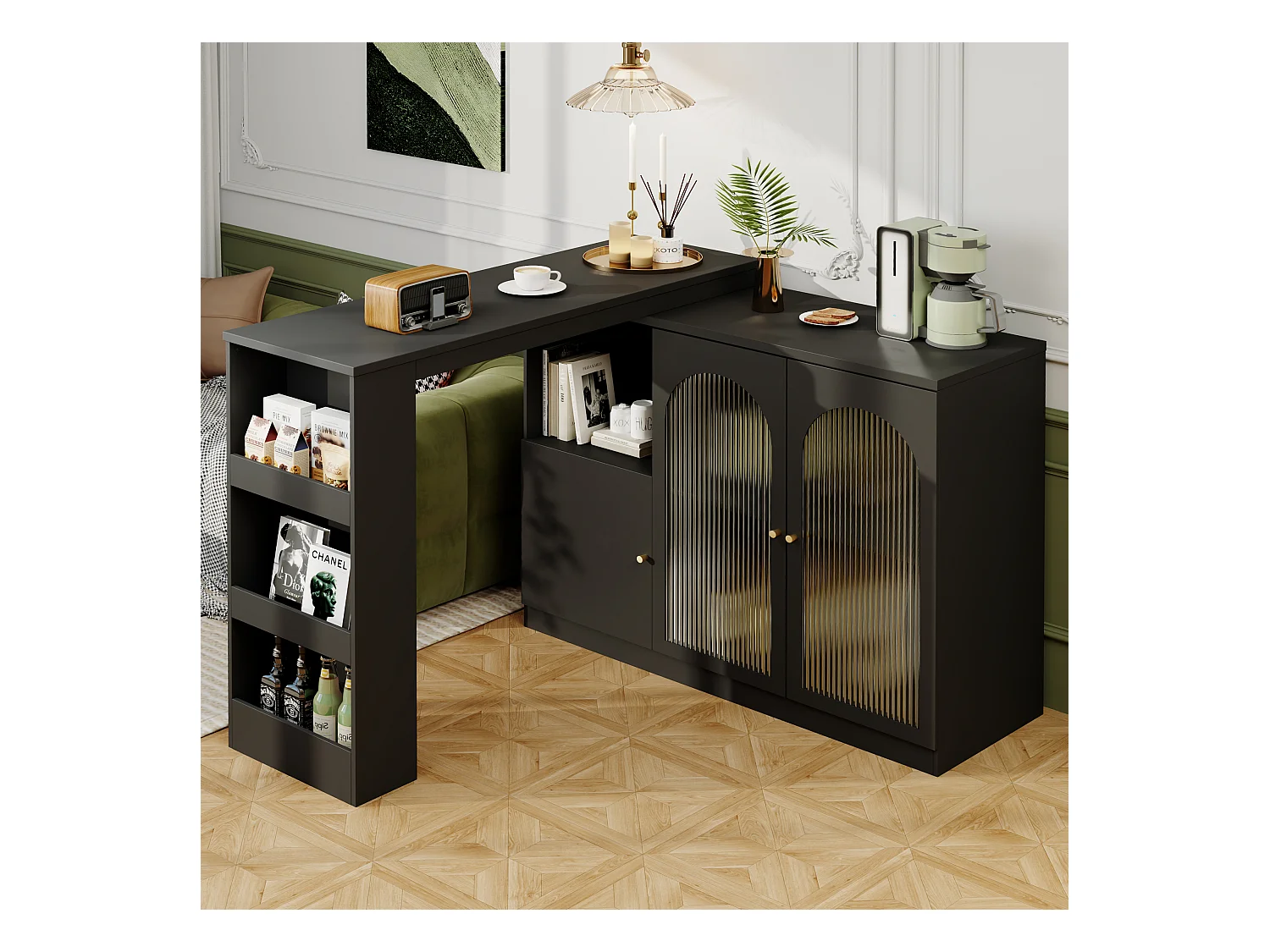 Meuble de bar pivotant avec 3 portes dont 2 portes en verre, étagères ouvertes inclus, corps noir - 120x40x103cm