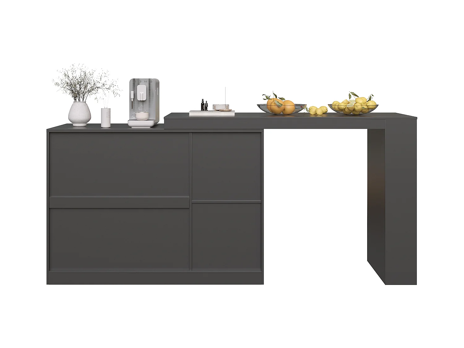 Meuble de bar pivotant avec 3 portes dont 2 portes en verre, étagères ouvertes inclus, corps noir - 120x40x103cm