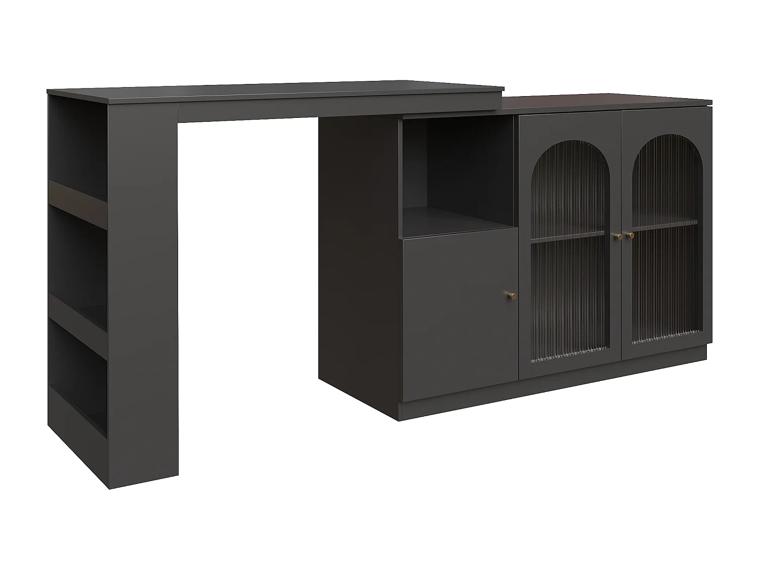 Meuble de bar pivotant avec 3 portes dont 2 portes en verre, étagères ouvertes inclus, corps noir - 120x40x103cm