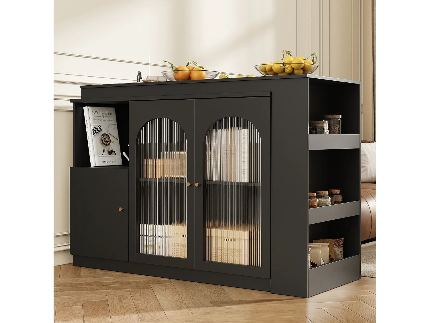 Meuble de bar pivotant avec 3 portes dont 2 portes en verre, étagères ouvertes inclus, corps noir - 120x40x103cm