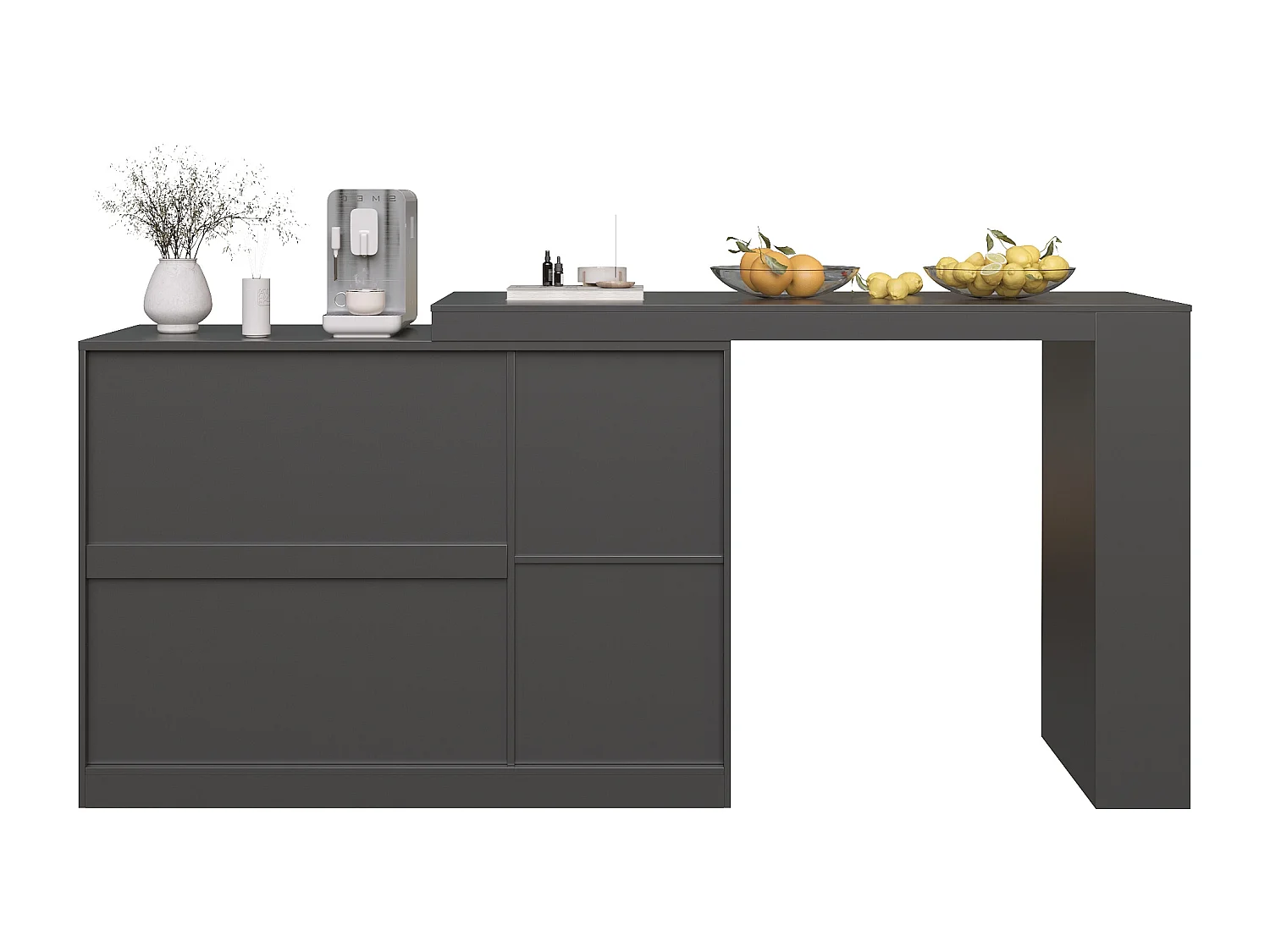 Meuble de bar pivotant avec 3 portes dont 2 portes en verre, étagères ouvertes inclus, corps noir - 120x40x103cm