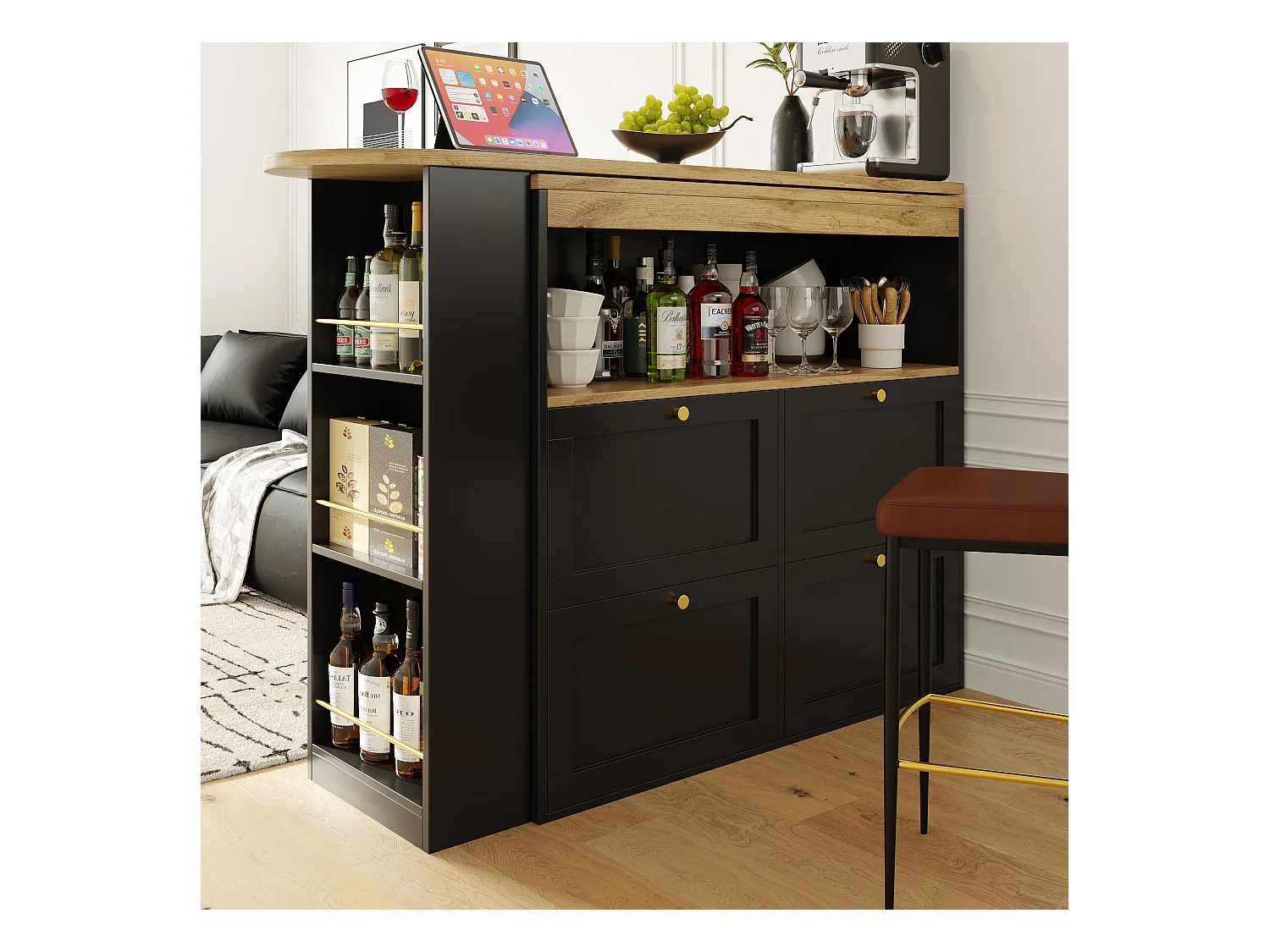 Draaibare barkast met 4 laden en 1 nis, zwarte behuizing met houtfineer bovenblad - 138x39x104cm