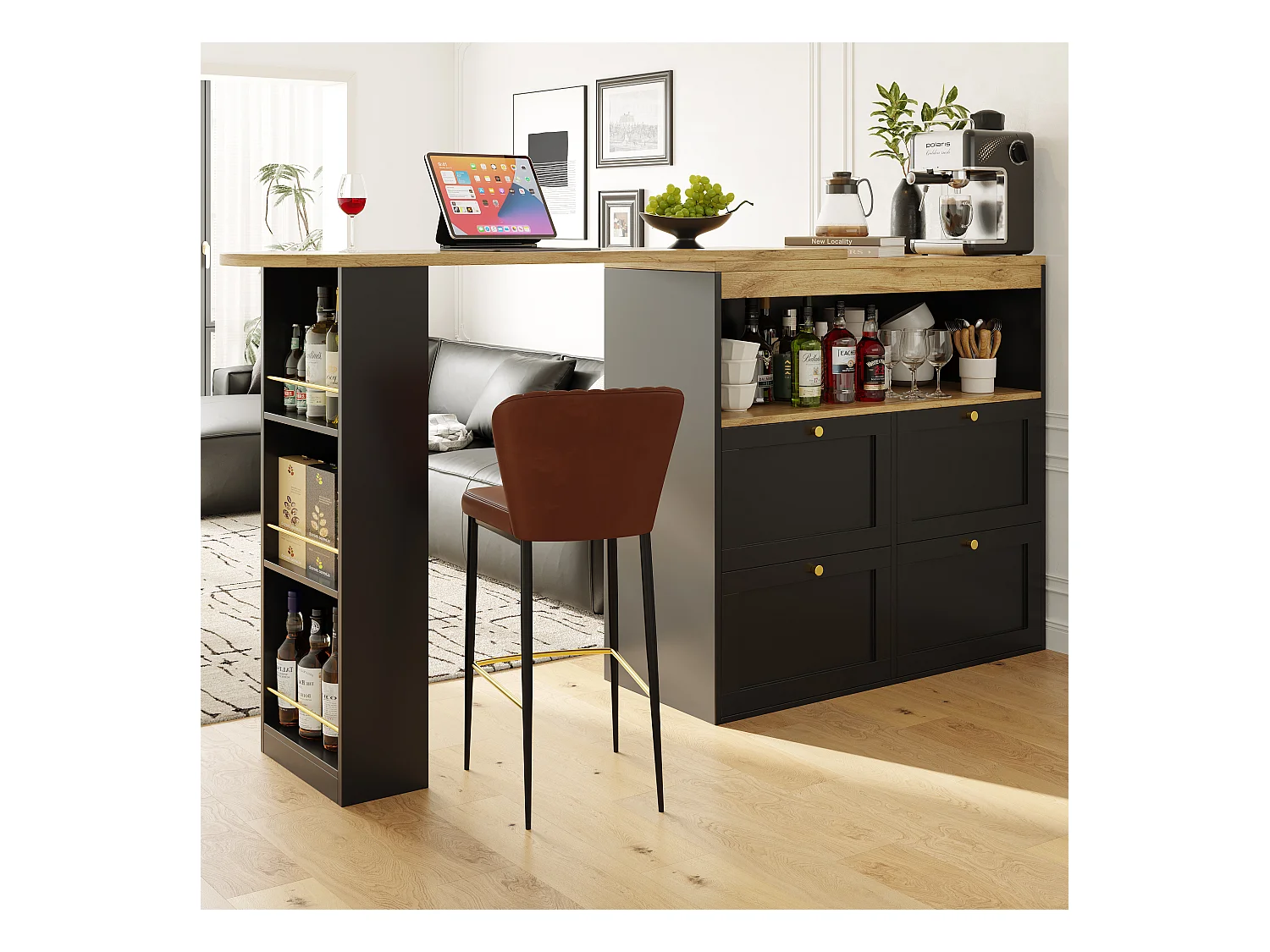 Draaibare barkast met 4 laden en 1 nis, zwarte behuizing met houtfineer bovenblad - 138x39x104cm