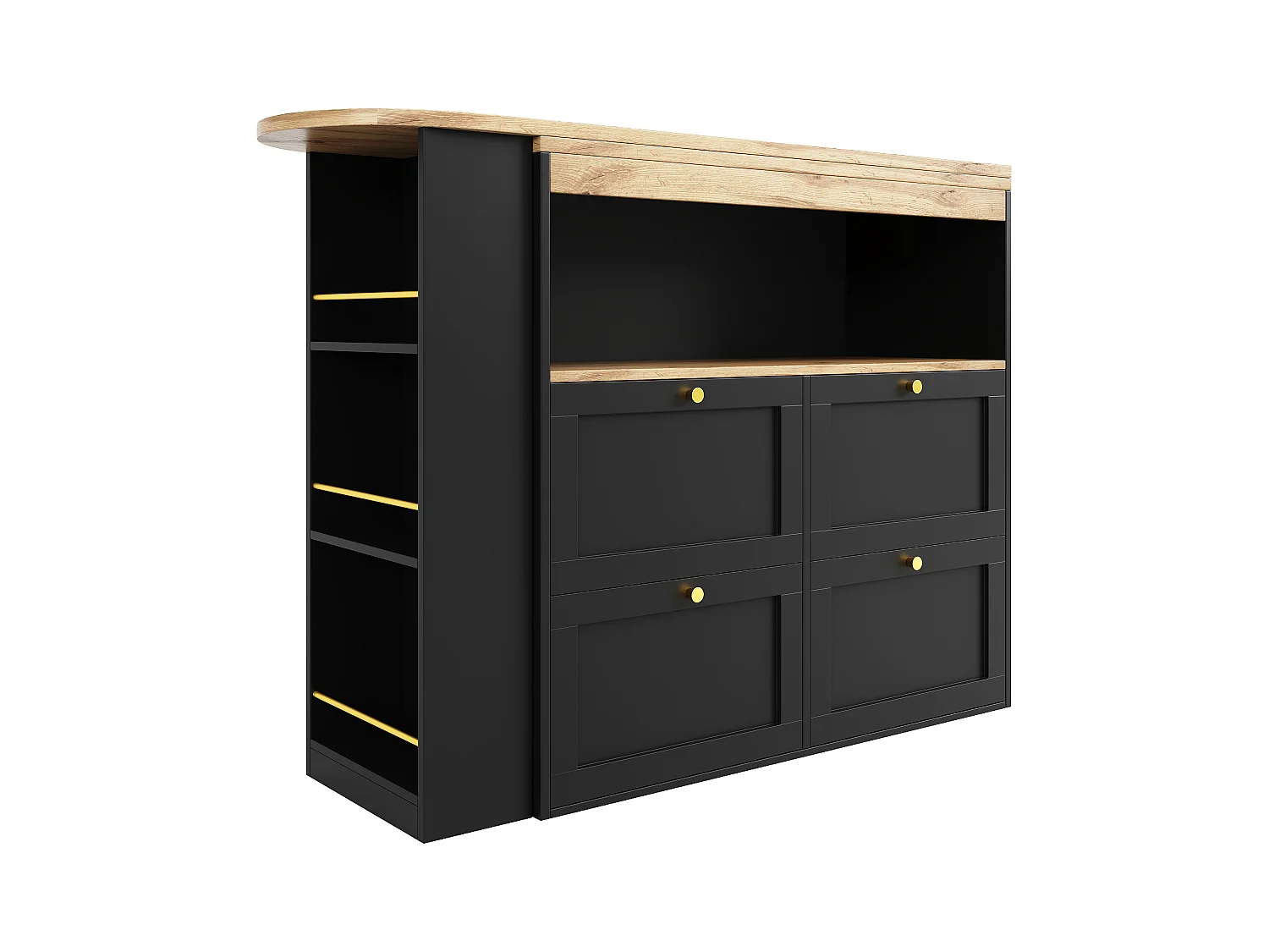 Draaibare barkast met 4 laden en 1 nis, zwarte behuizing met houtfineer bovenblad - 138x39x104cm