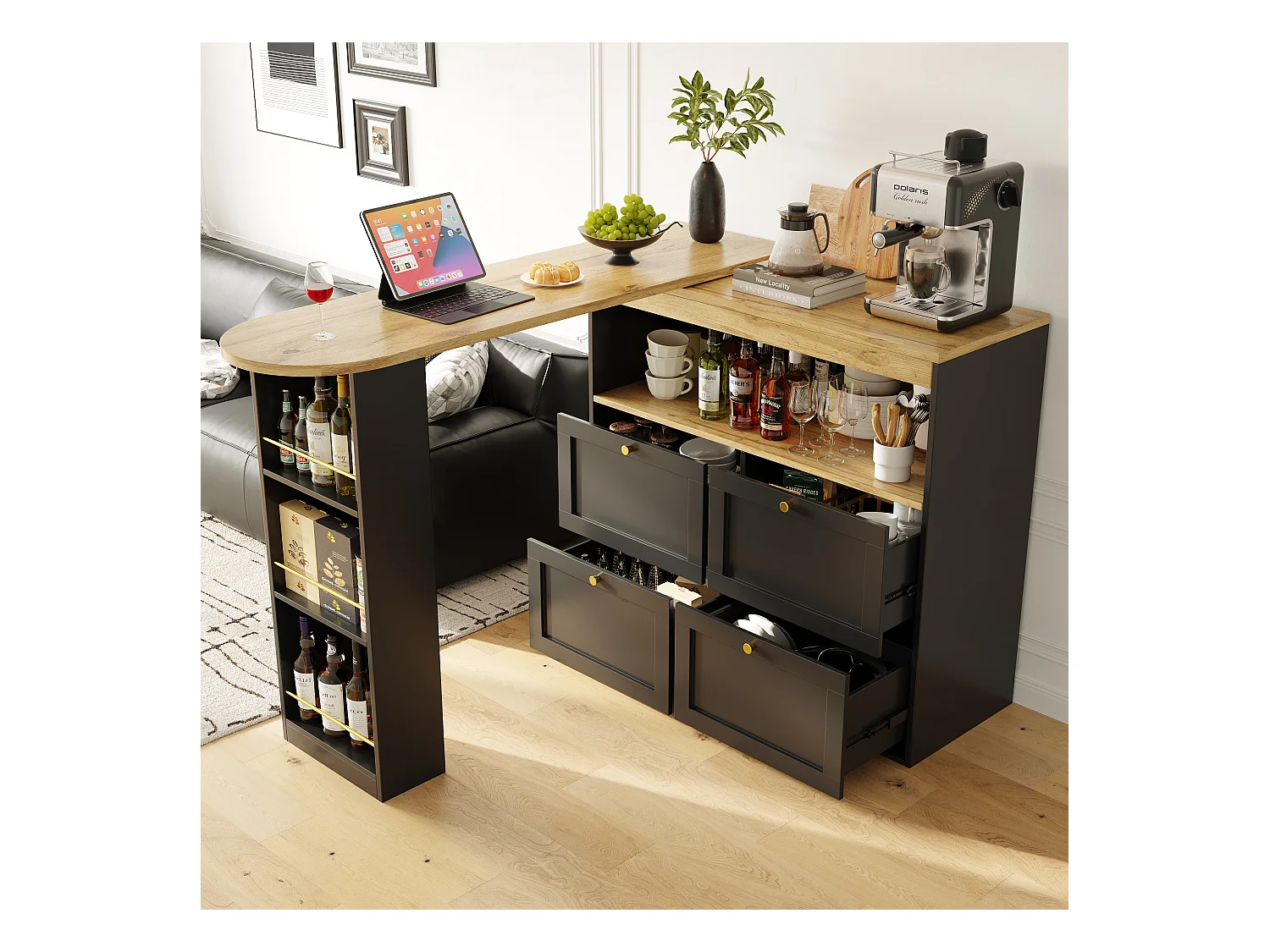 Meuble de bar pivotant avec 4 tiroirs et 1 niche, corps noir avec plateau en placage bois - 138x39x104cm