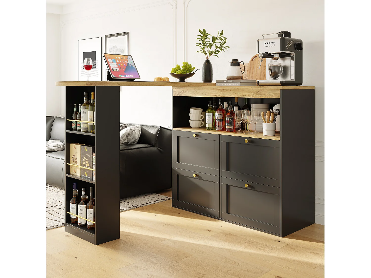 Meuble de bar pivotant avec 4 tiroirs et 1 niche, corps noir avec plateau en placage bois - 138x39x104cm