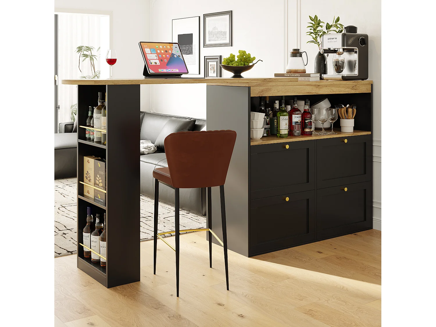 Meuble de bar pivotant avec 4 tiroirs et 1 niche, corps noir avec plateau en placage bois - 138x39x104cm