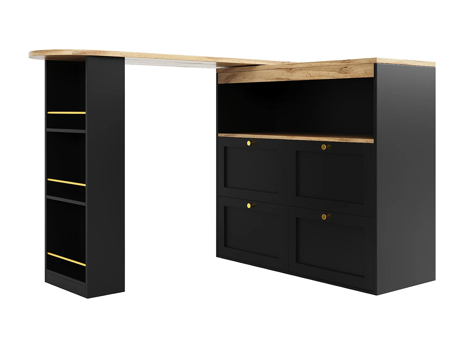 Meuble de bar pivotant avec 4 tiroirs et 1 niche, corps noir avec plateau en placage bois - 138x39x104cm