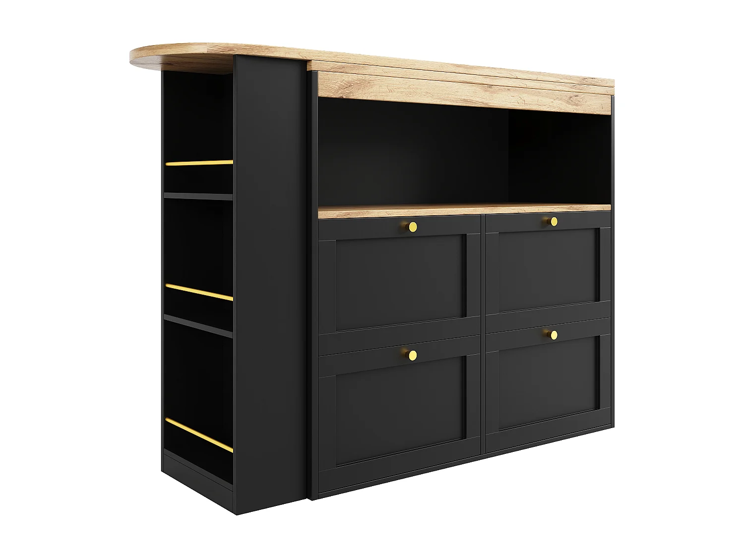 Meuble de bar pivotant avec 4 tiroirs et 1 niche, corps noir avec plateau en placage bois - 138x39x104cm