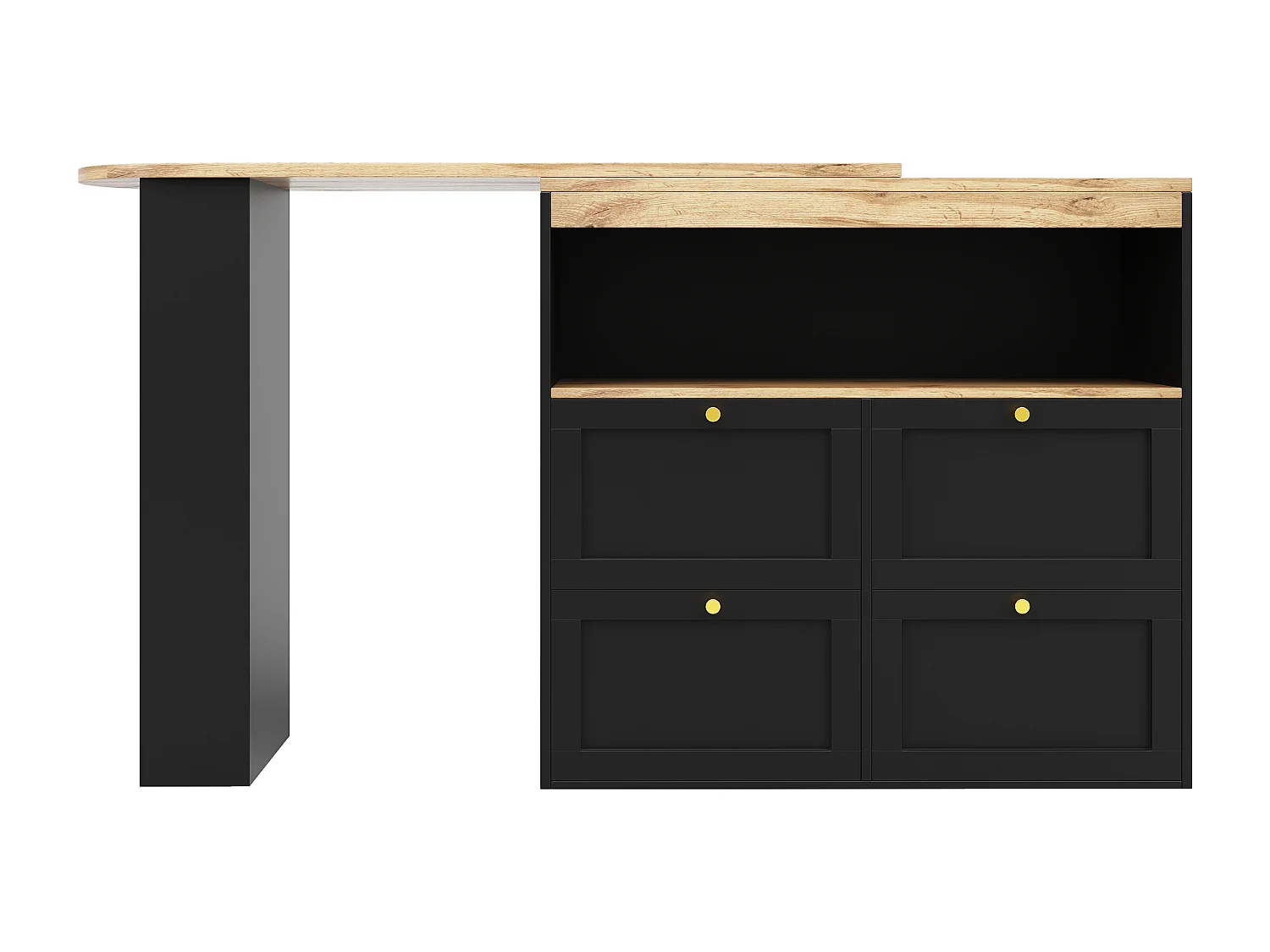 Meuble de bar pivotant avec 4 tiroirs et 1 niche, corps noir avec plateau en placage bois - 138x39x104cm