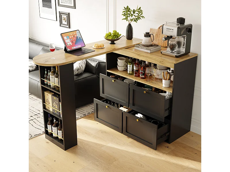 Meuble de bar pivotant avec 4 tiroirs et 1 niche, corps noir avec plateau en placage bois - 138x39x104cm