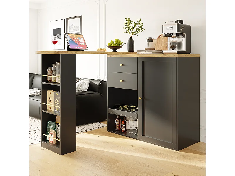 Mobile bar girevole con 2 cassetti, 1 anta e 2 nicchie, struttura nera con piano in legno impiallacciato - 138x39x104cm