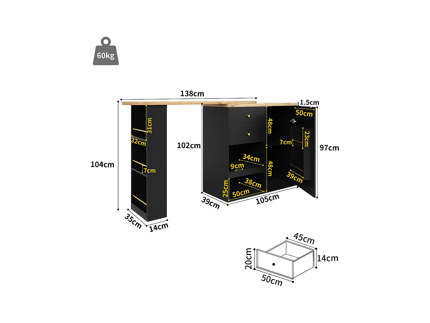 Draaibare barkast met 2 laden, 1 deur en 2 nissen, zwarte behuizing met houtfineer bovenblad - 138x39x104cm