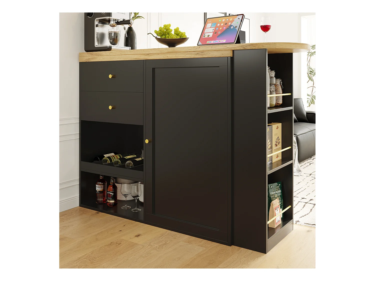 Draaibare barkast met 2 laden, 1 deur en 2 nissen, zwarte behuizing met houtfineer bovenblad - 138x39x104cm