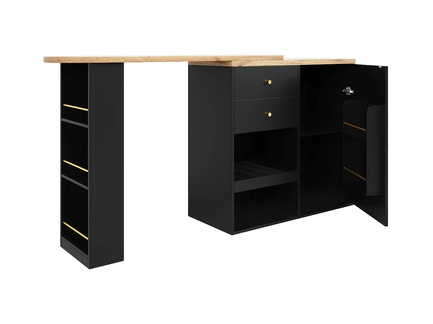 Draaibare barkast met 2 laden, 1 deur en 2 nissen, zwarte behuizing met houtfineer bovenblad - 138x39x104cm