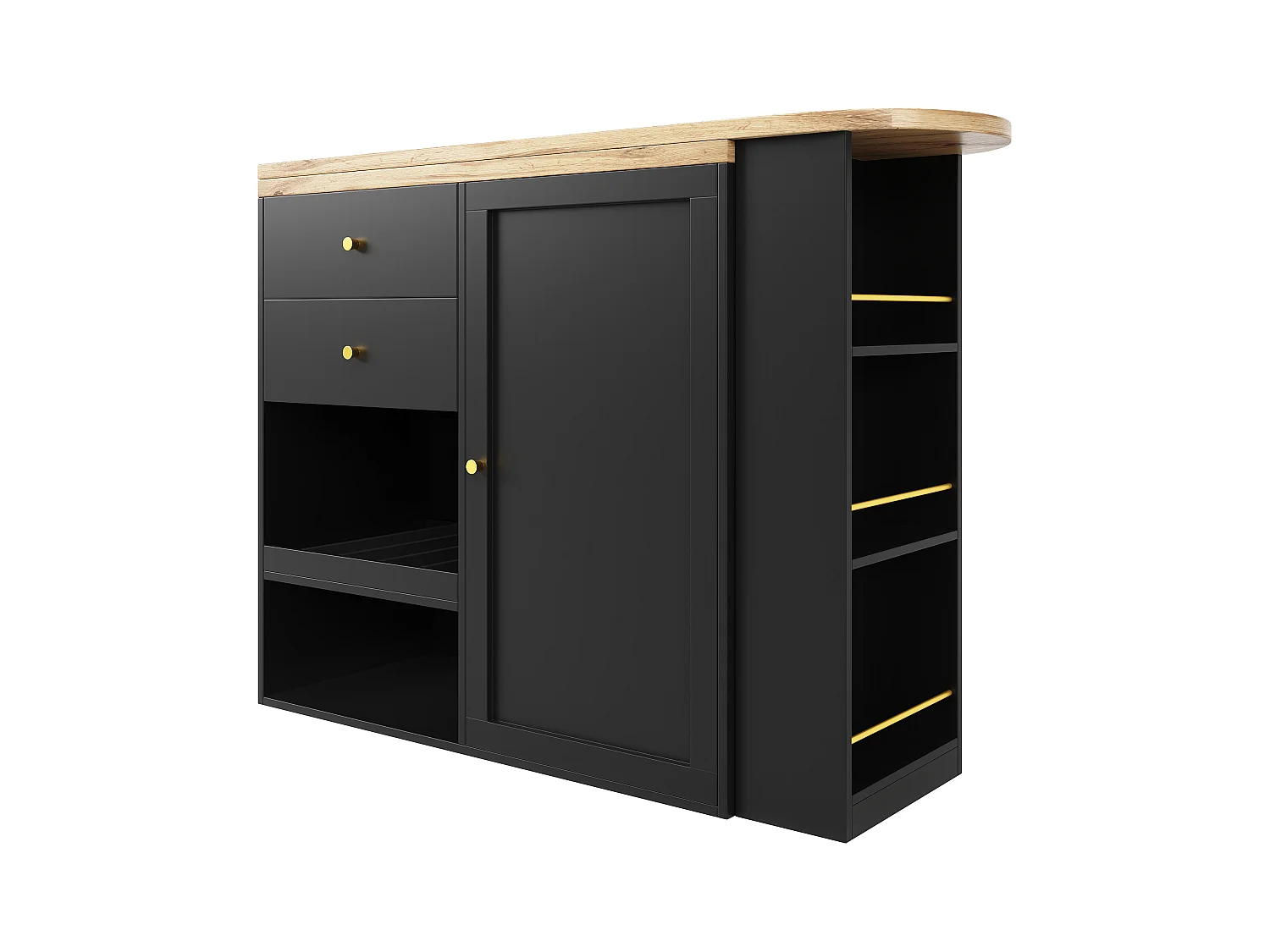 Draaibare barkast met 2 laden, 1 deur en 2 nissen, zwarte behuizing met houtfineer bovenblad - 138x39x104cm