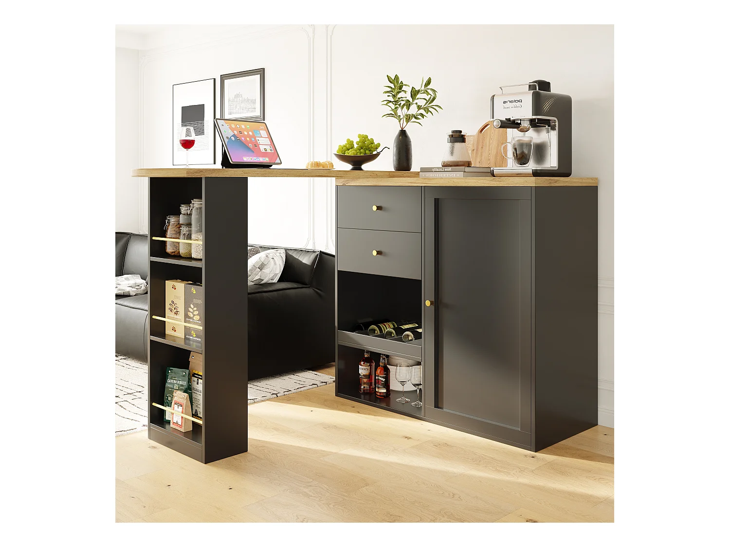 Meuble de bar pivotant avec 2 tiroirs, 1 porte et 2 niches, corps noir avec plateau en placage bois - 138x39x104cm
