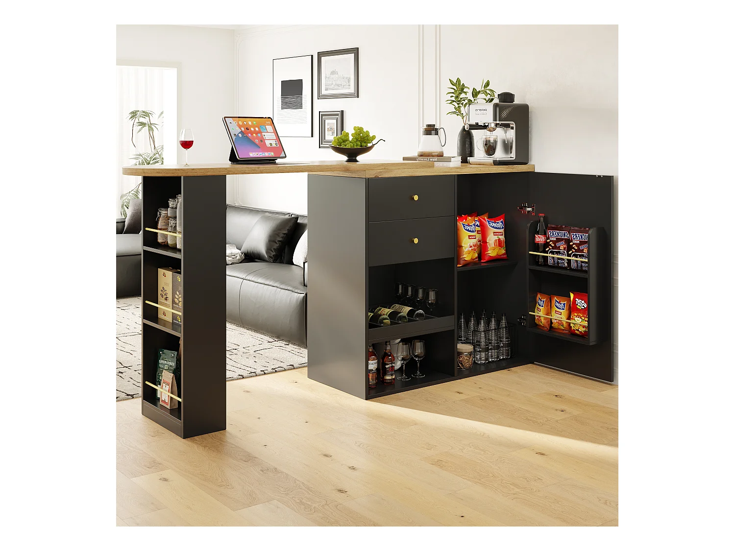 Meuble de bar pivotant avec 2 tiroirs, 1 porte et 2 niches, corps noir avec plateau en placage bois - 138x39x104cm