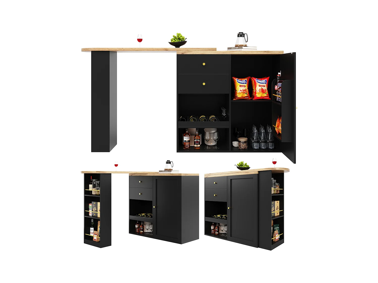 Meuble de bar pivotant avec 2 tiroirs, 1 porte et 2 niches, corps noir avec plateau en placage bois - 138x39x104cm