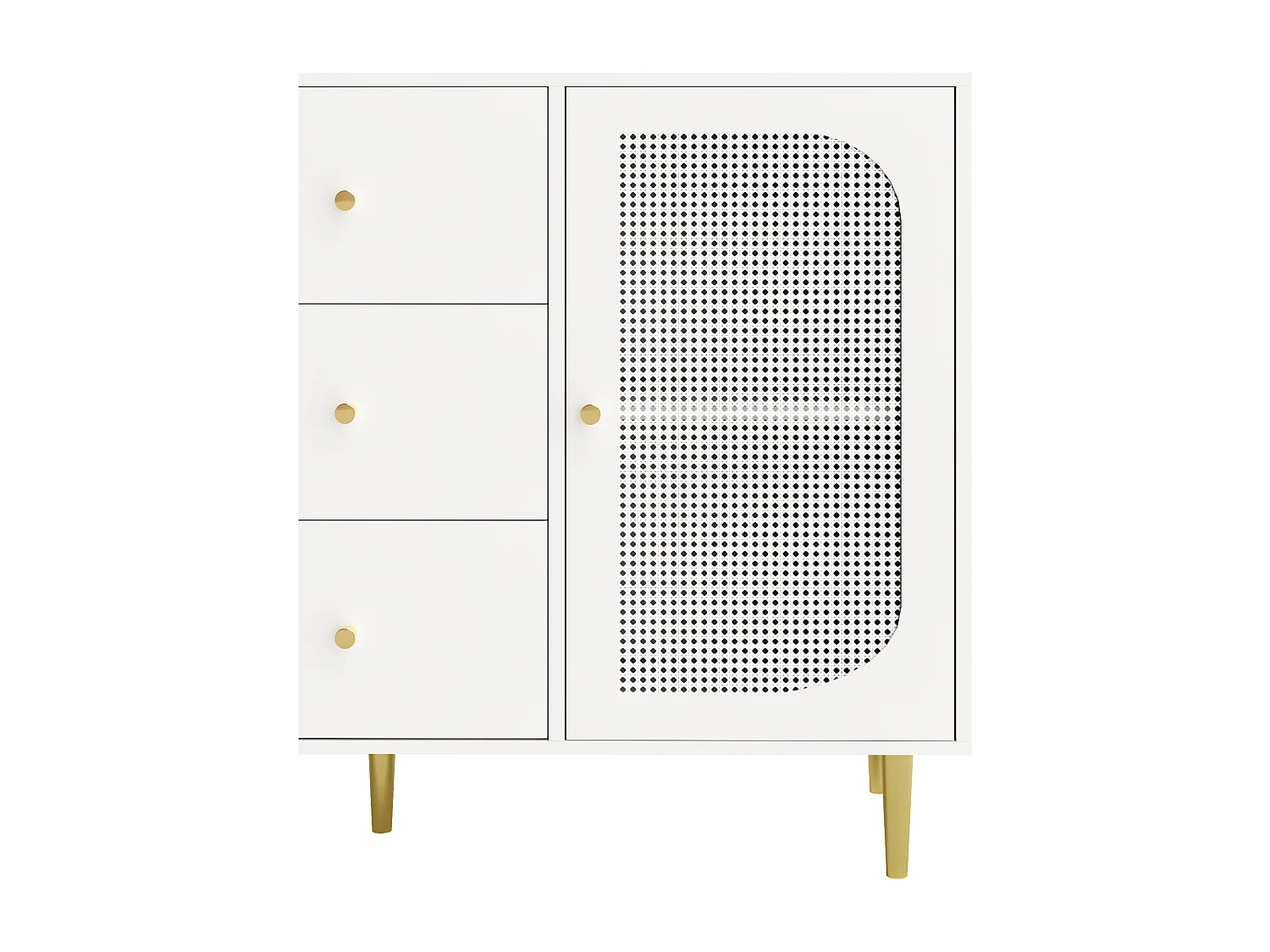 Buffet 120x40x90cm avec 2 portes en rotin et 3 tiroirs, corps blanc, poignées et pieds en métal doré