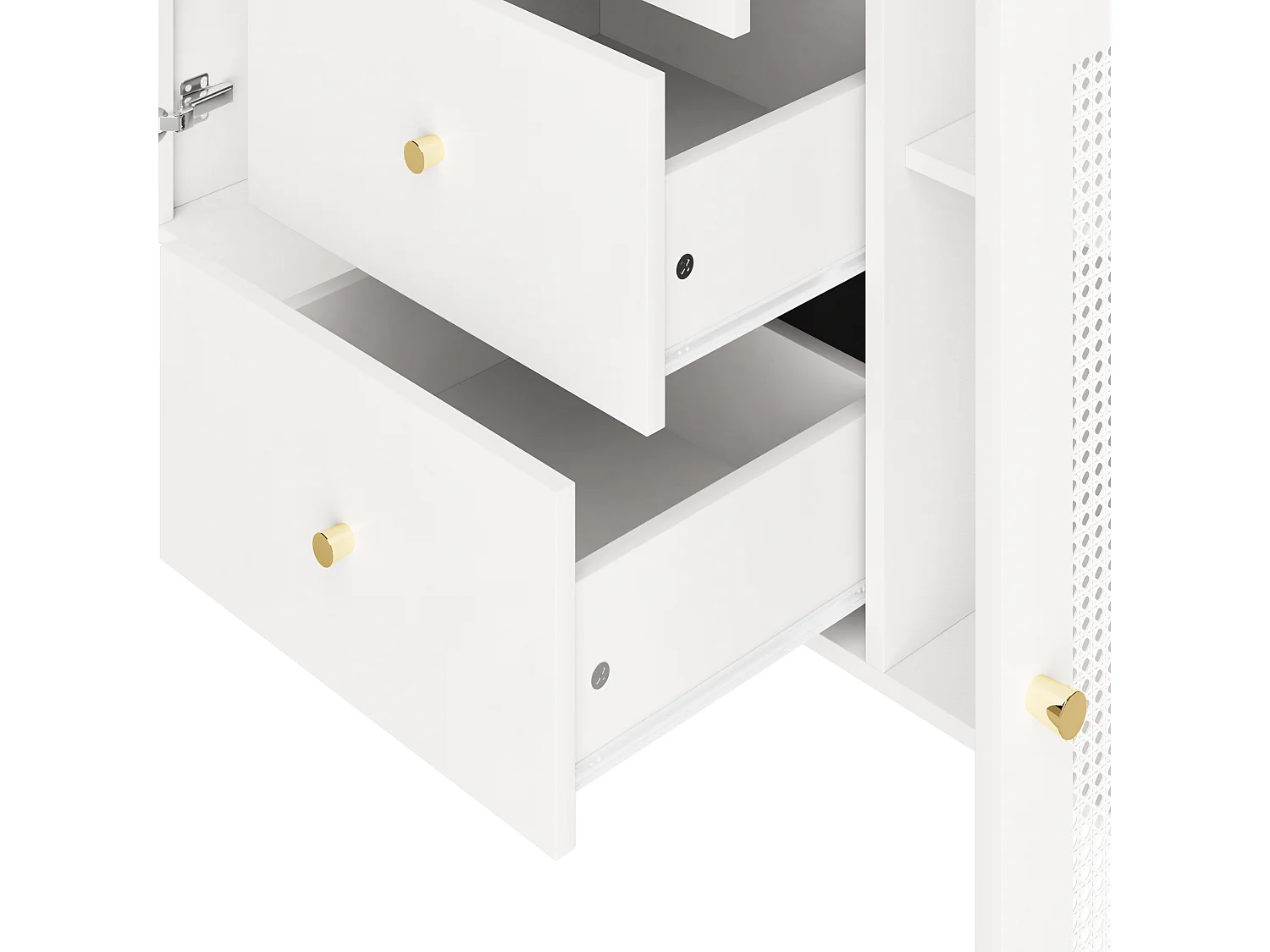 Buffet 120x40x90cm avec 2 portes en rotin et 3 tiroirs, corps blanc, poignées et pieds en métal doré