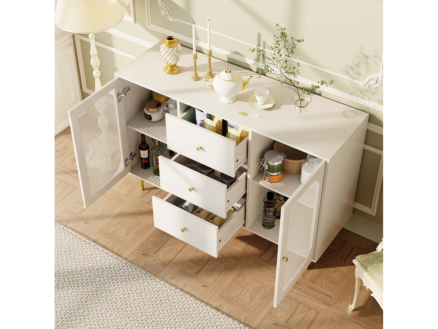 Buffet 120x40x90cm avec 2 portes en rotin et 3 tiroirs, corps blanc, poignées et pieds en métal doré