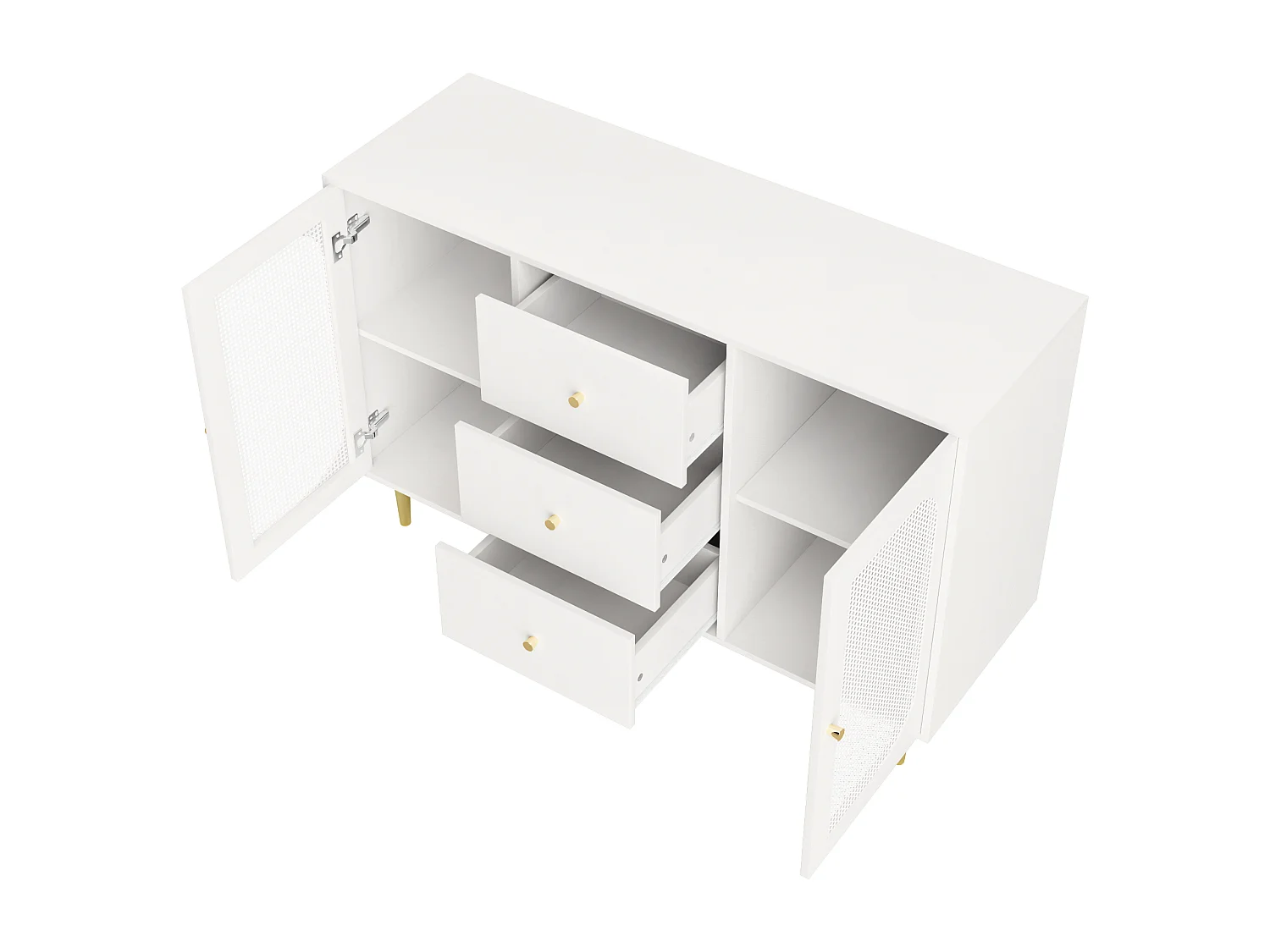 Buffet 120x40x90cm avec 2 portes en rotin et 3 tiroirs, corps blanc, poignées et pieds en métal doré