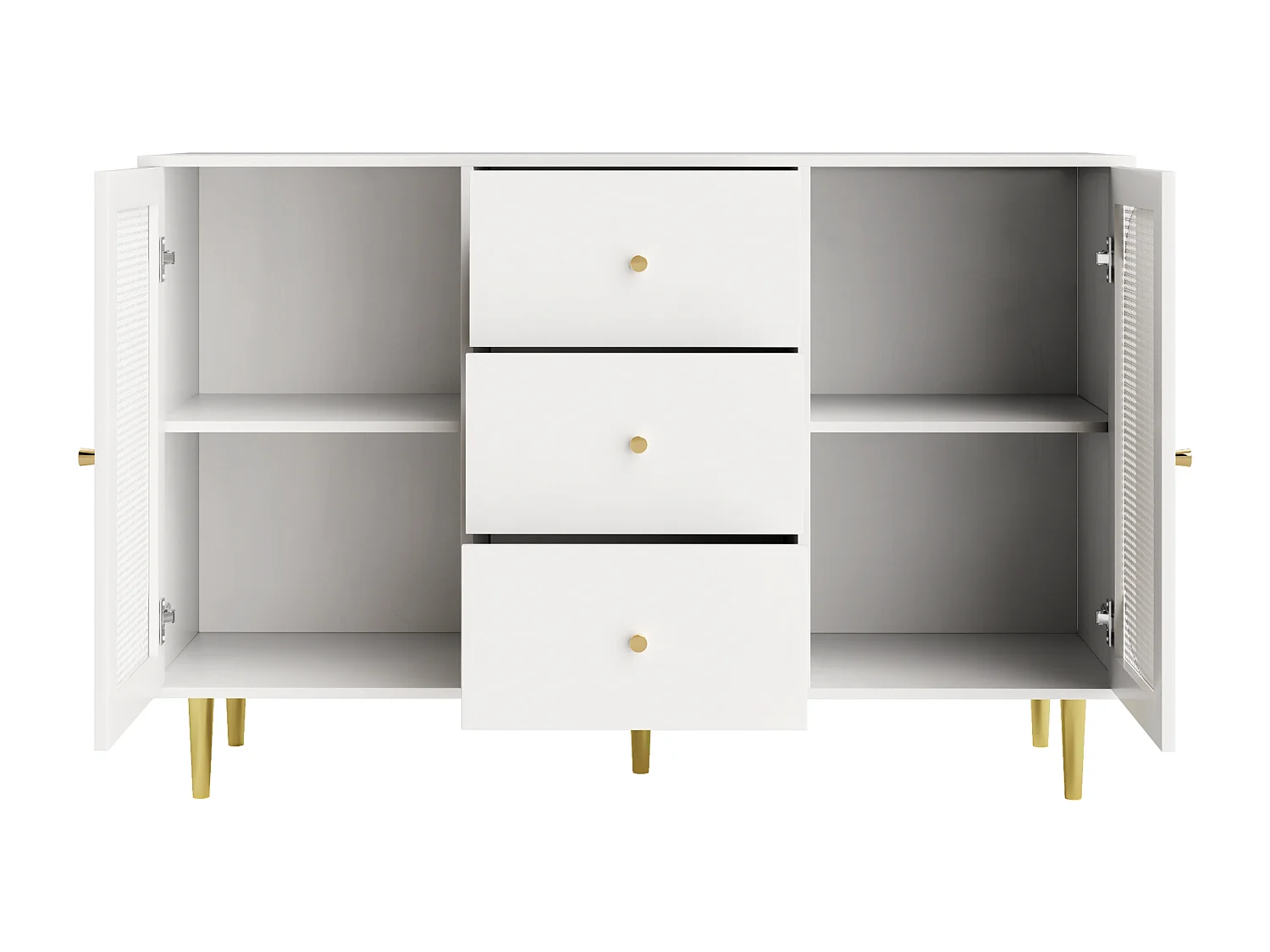 Buffet 120x40x90cm avec 2 portes en rotin et 3 tiroirs, corps blanc, poignées et pieds en métal doré