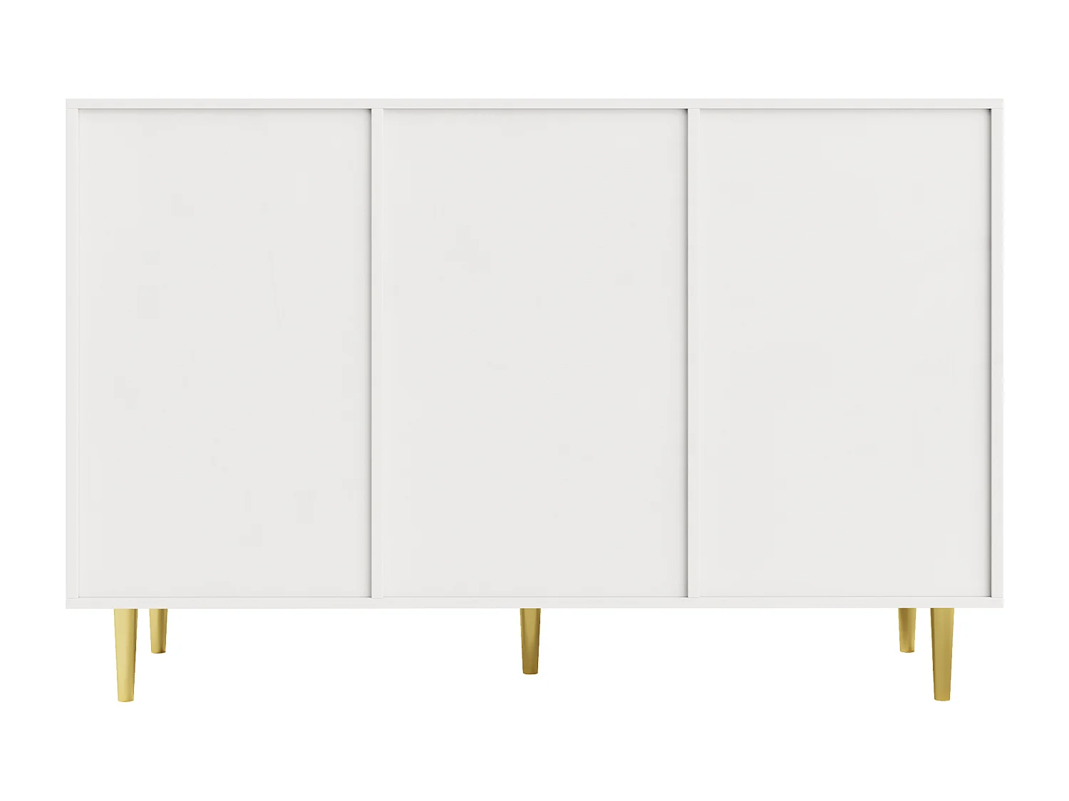 Buffet 120x40x90cm avec 2 portes en rotin et 3 tiroirs, corps blanc, poignées et pieds en métal doré