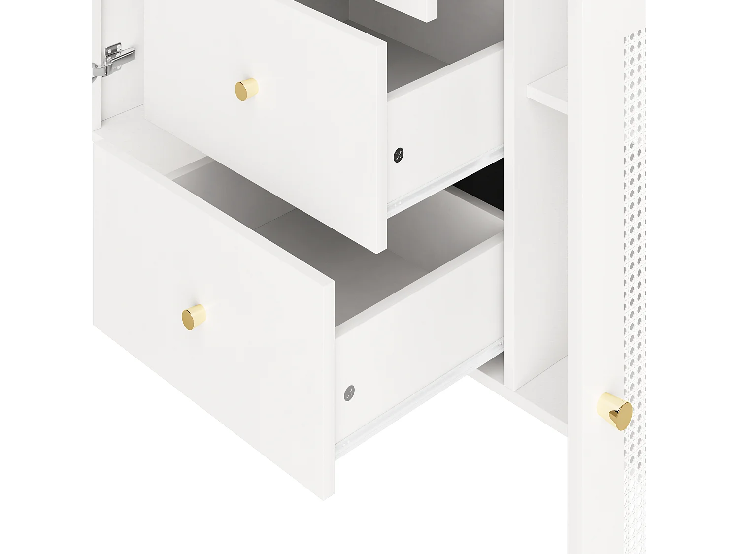 Buffet 120x40x90cm avec 2 portes en rotin et 3 tiroirs, corps blanc, poignées et pieds en métal doré