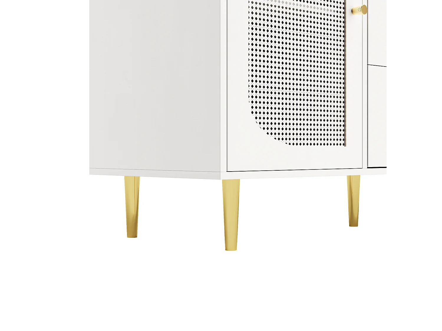 Buffet 120x40x90cm avec 2 portes en rotin et 3 tiroirs, corps blanc, poignées et pieds en métal doré