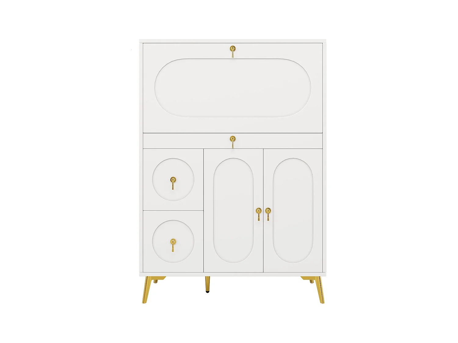 Buffet de cuisine avec 3 portes et 3 tiroirs, corps blanc avec poignées et pieds en métal doré - 100x50x140cm