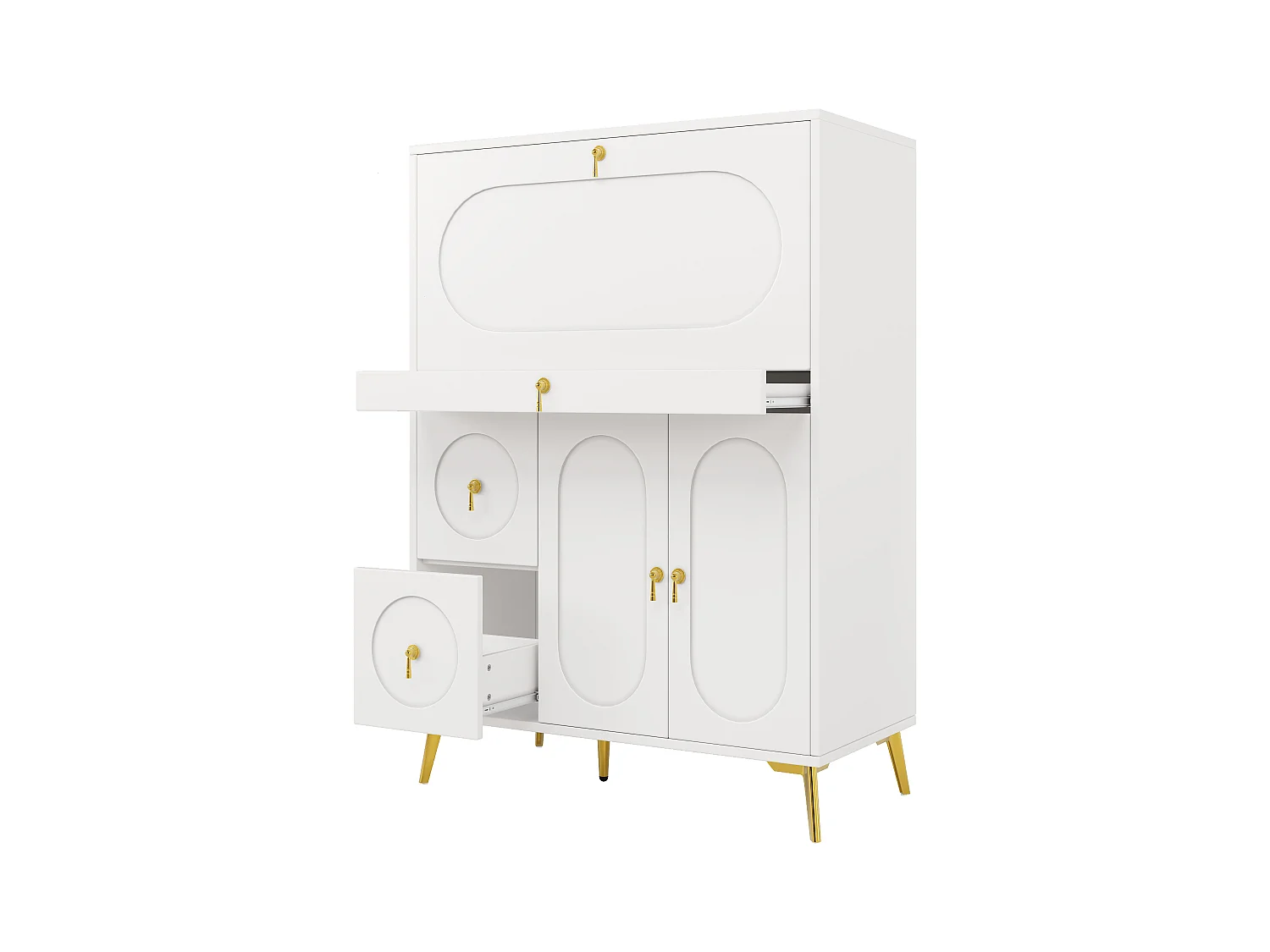 Buffet de cuisine avec 3 portes et 3 tiroirs, corps blanc avec poignées et pieds en métal doré - 100x50x140cm