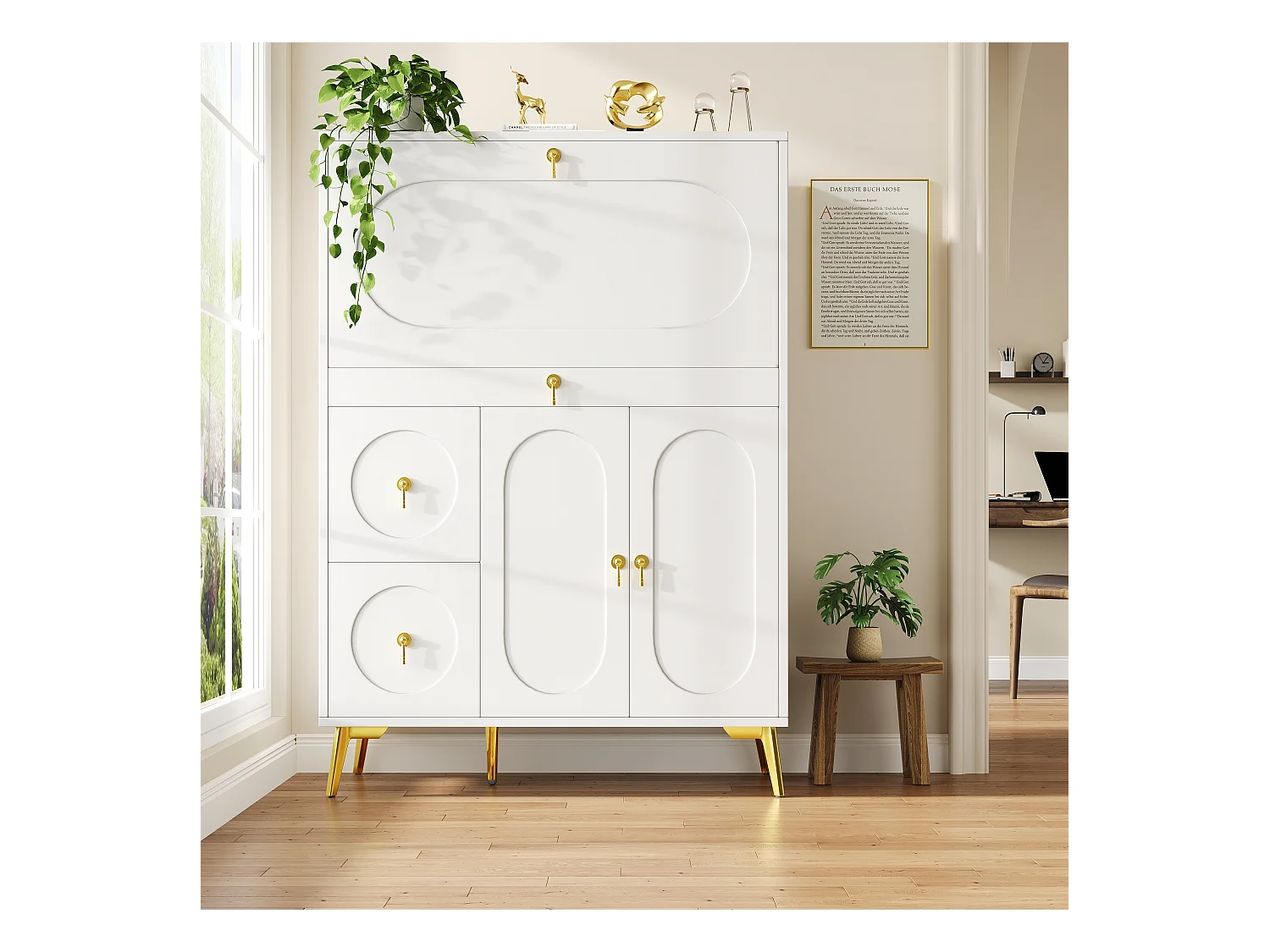 Buffet de cuisine avec 3 portes et 3 tiroirs, corps blanc avec poignées et pieds en métal doré - 100x50x140cm