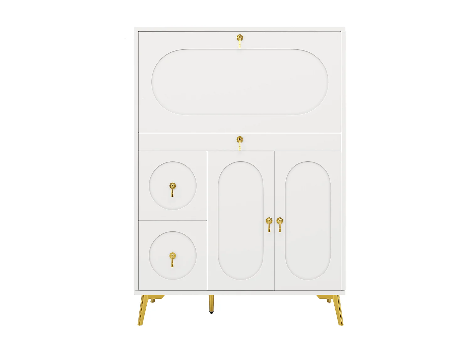 Aparador de cozinha com 3 portas e 3 gavetas, corpo branco com puxadores e pés em metal dourado - 100x50x140cm