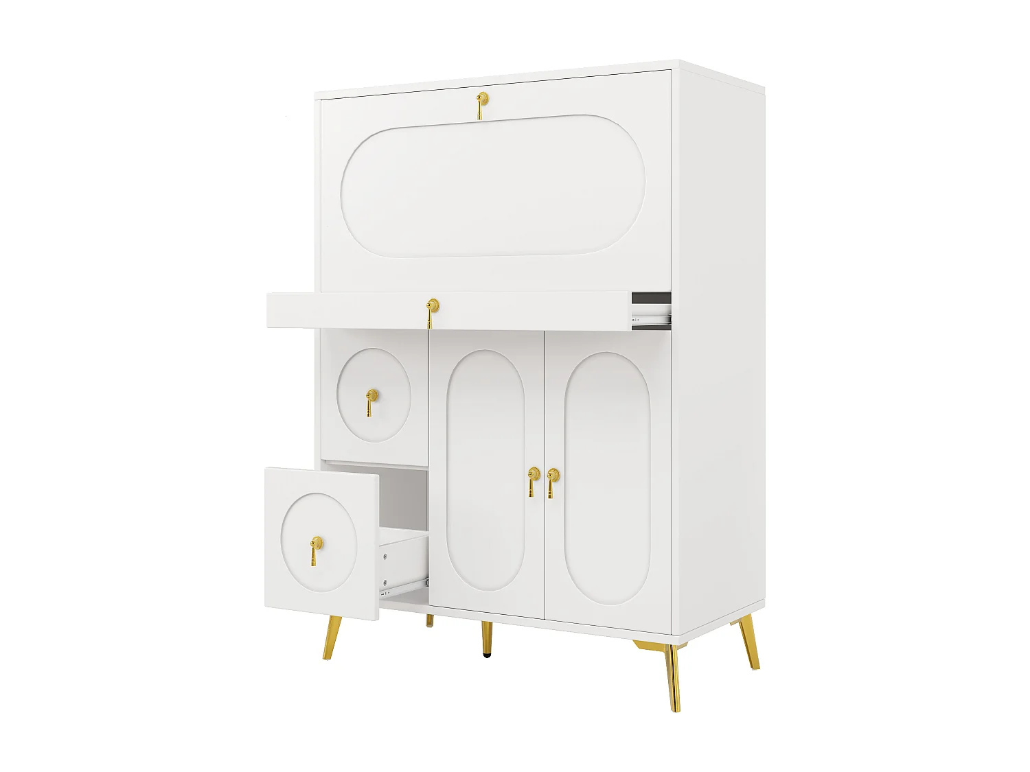 Aparador de cozinha com 3 portas e 3 gavetas, corpo branco com puxadores e pés em metal dourado - 100x50x140cm