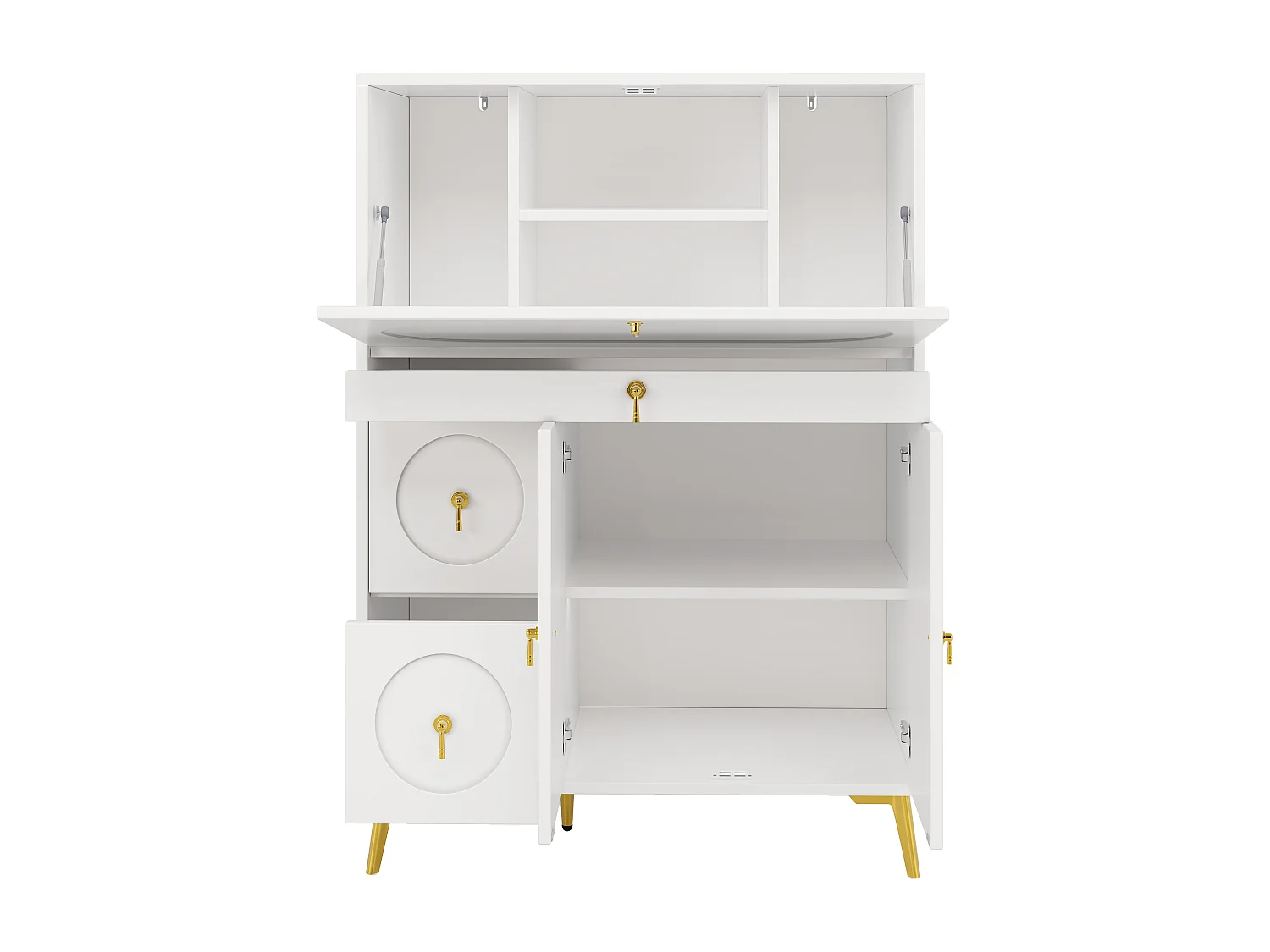 Aparador de cozinha com 3 portas e 3 gavetas, corpo branco com puxadores e pés em metal dourado - 100x50x140cm