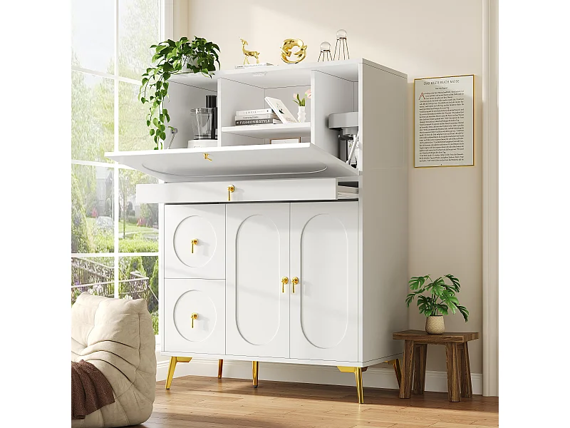 Credenza da cucina con 3 ante e 3 cassetti, struttura bianca con maniglie e gambe in metallo dorato - 100x50x140cm