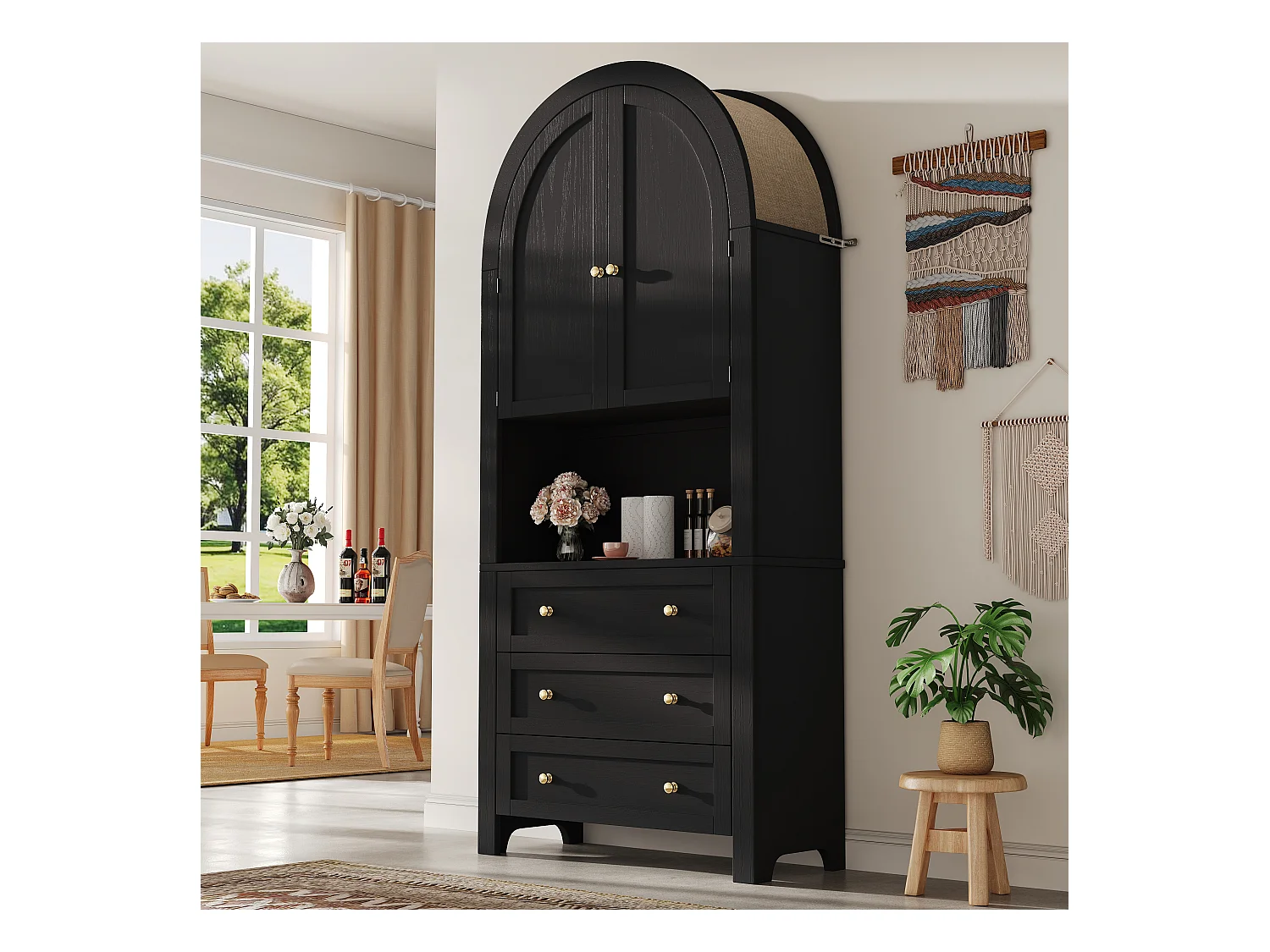 Buffet de cuisine avec 2 portes, 3 tiroirs et 1 niche, corps noir avec poignées en métal doré - 70x35x180cm