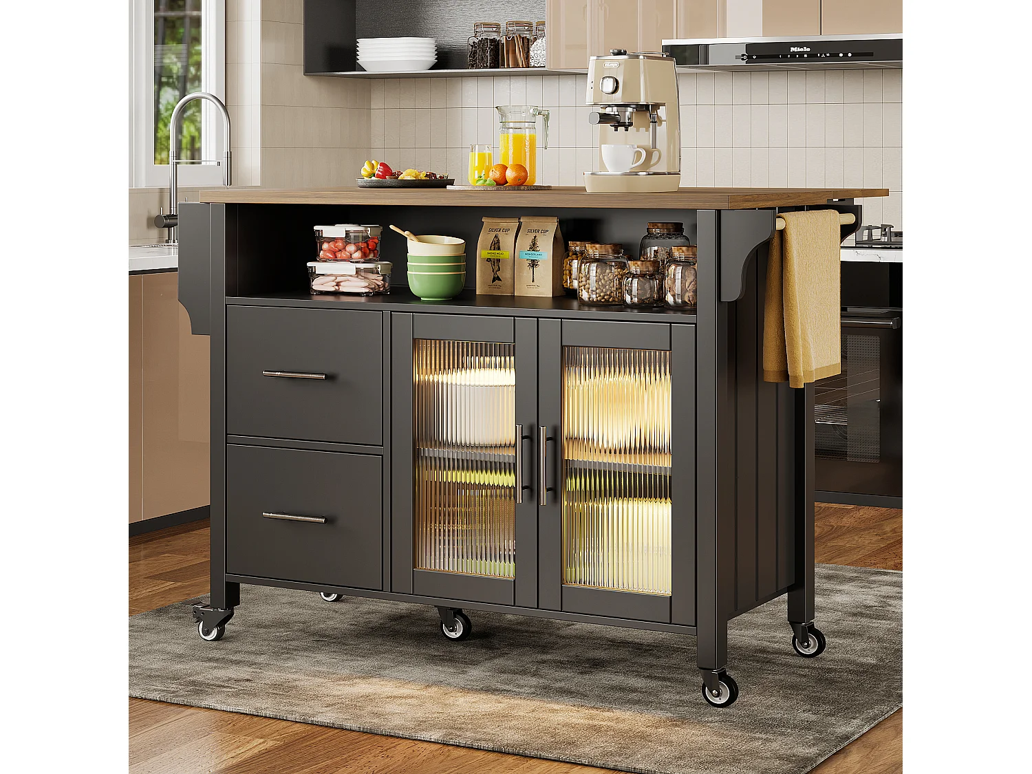 Desserte de cuisine sur roulettes avec plateau extensible, 2 portes en verre, 2 tiroirs et 1 niches, LED inclus, noir - 139x65x94cm