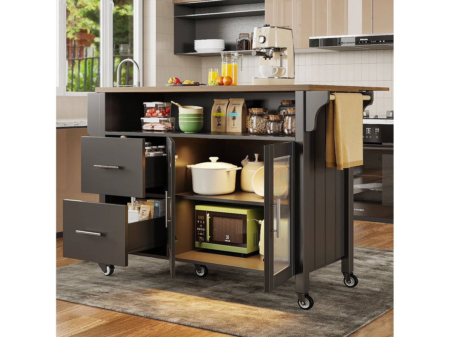 Desserte de cuisine sur roulettes avec plateau extensible, 2 portes en verre, 2 tiroirs et 1 niches, LED inclus, noir - 139x65x94cm