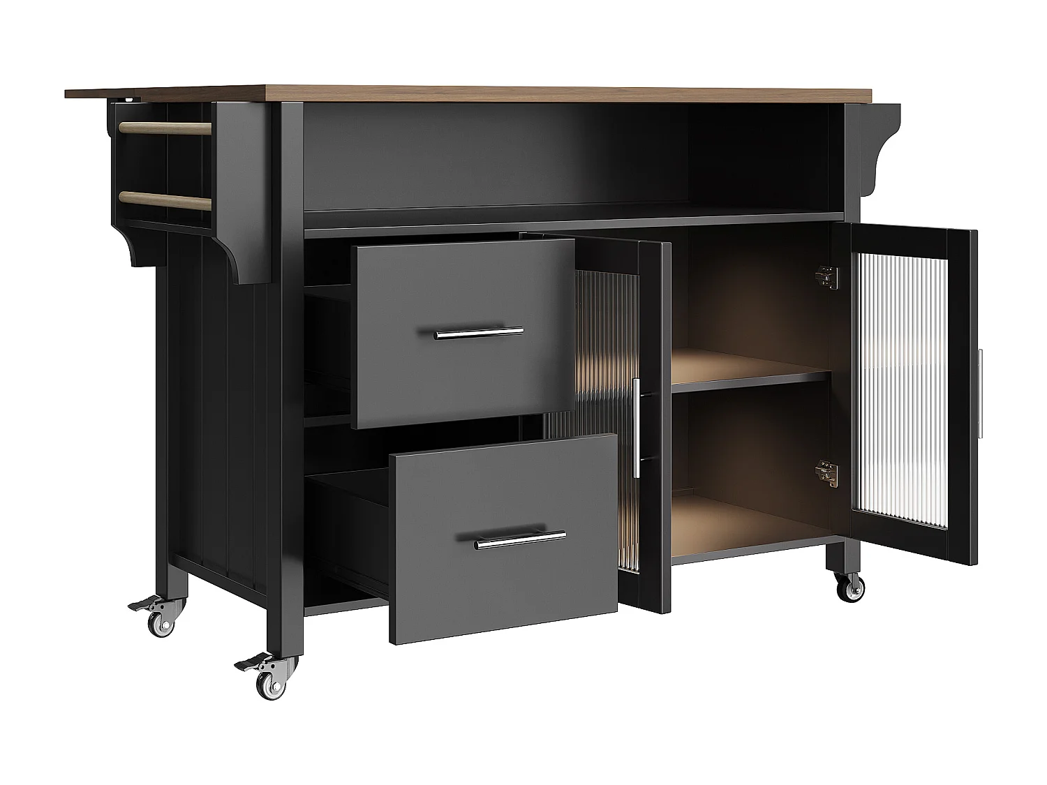 Desserte de cuisine sur roulettes avec plateau extensible, 2 portes en verre, 2 tiroirs et 1 niches, LED inclus, noir - 139x65x94cm