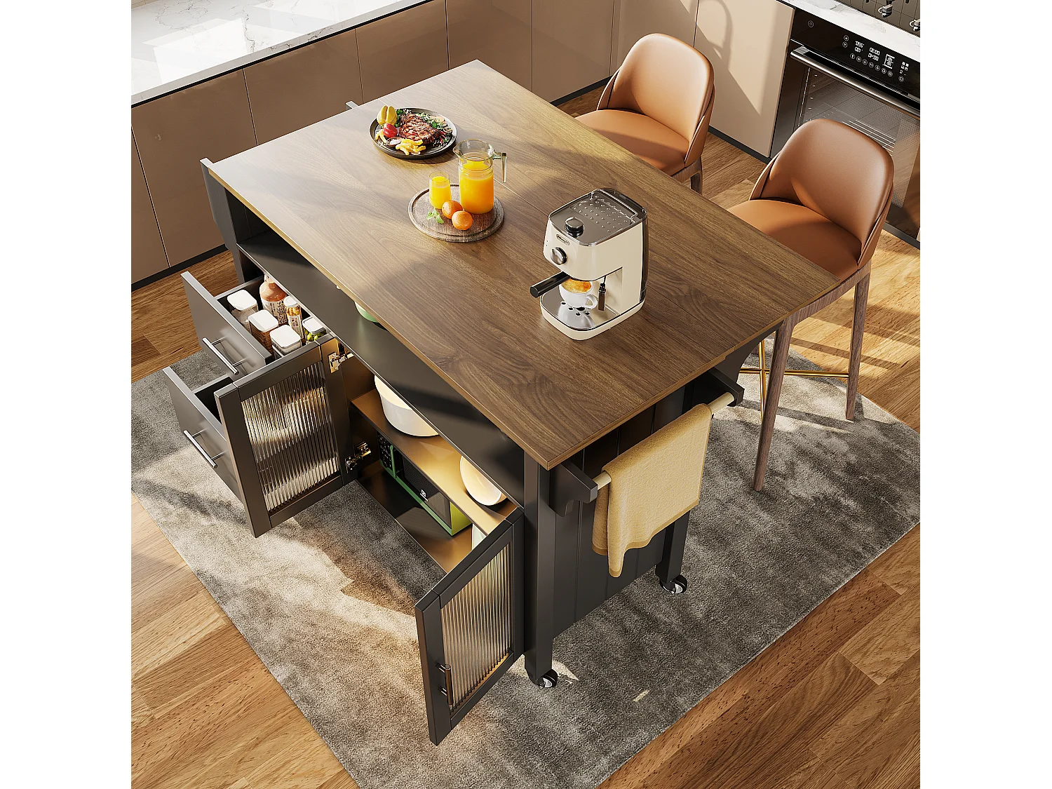 Desserte de cuisine sur roulettes avec plateau extensible, 2 portes en verre, 2 tiroirs et 1 niches, LED inclus, noir - 139x65x94cm