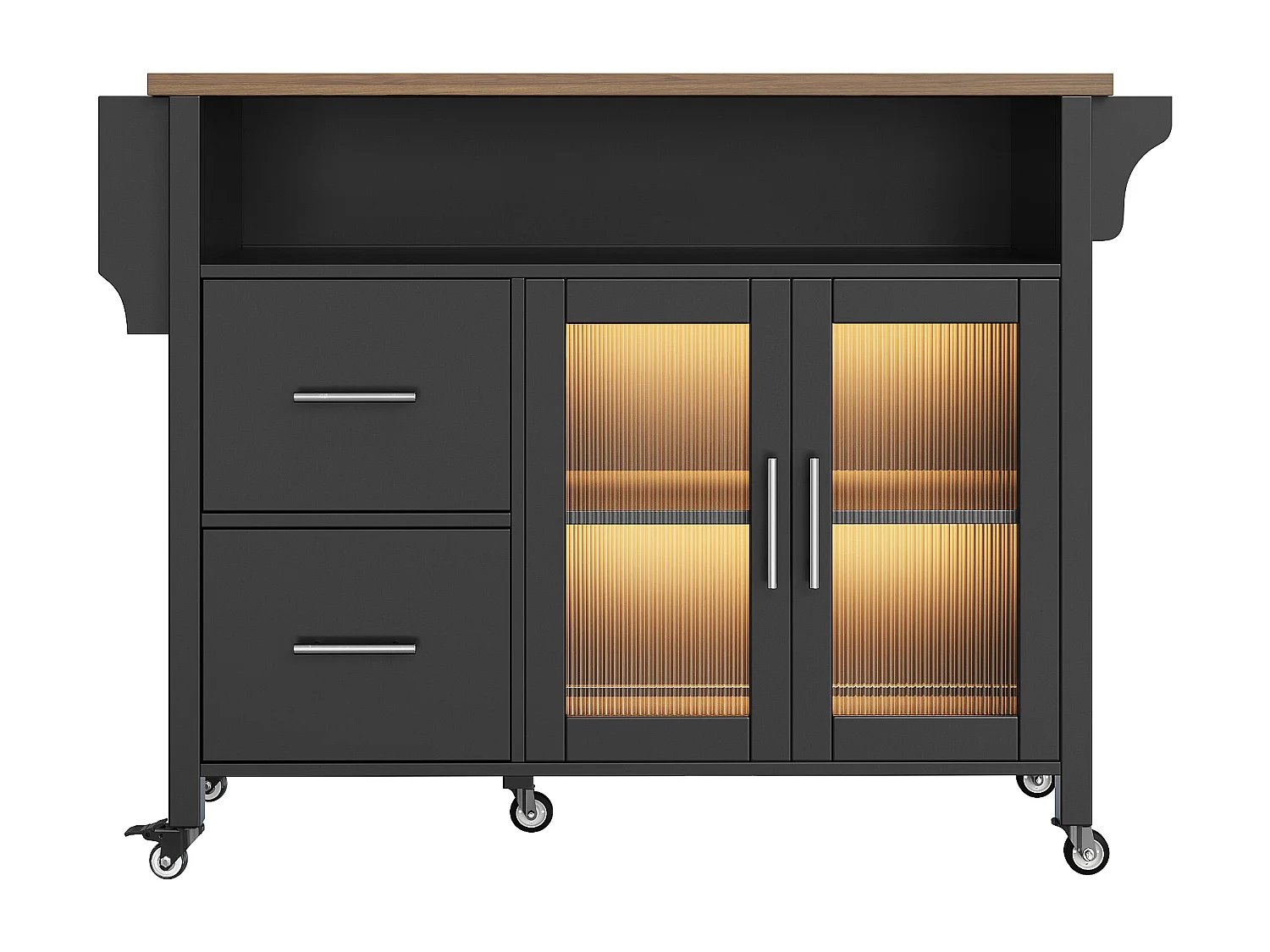 Desserte de cuisine sur roulettes avec plateau extensible, 2 portes en verre, 2 tiroirs et 1 niches, LED inclus, noir - 139x65x94cm