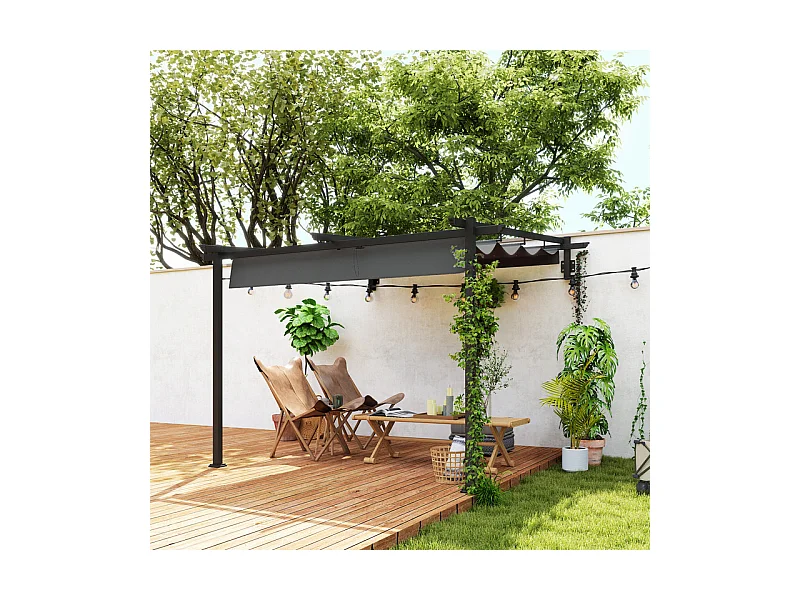 Pergola murale 297 x 297 x 200/230H cm, avec toile coulissante rétractable, structure aluminium, Gris
