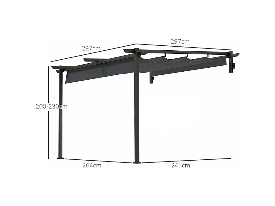 Pergola murale 297 x 297 x 200/230H cm, avec toile coulissante rétractable, structure aluminium, Gris