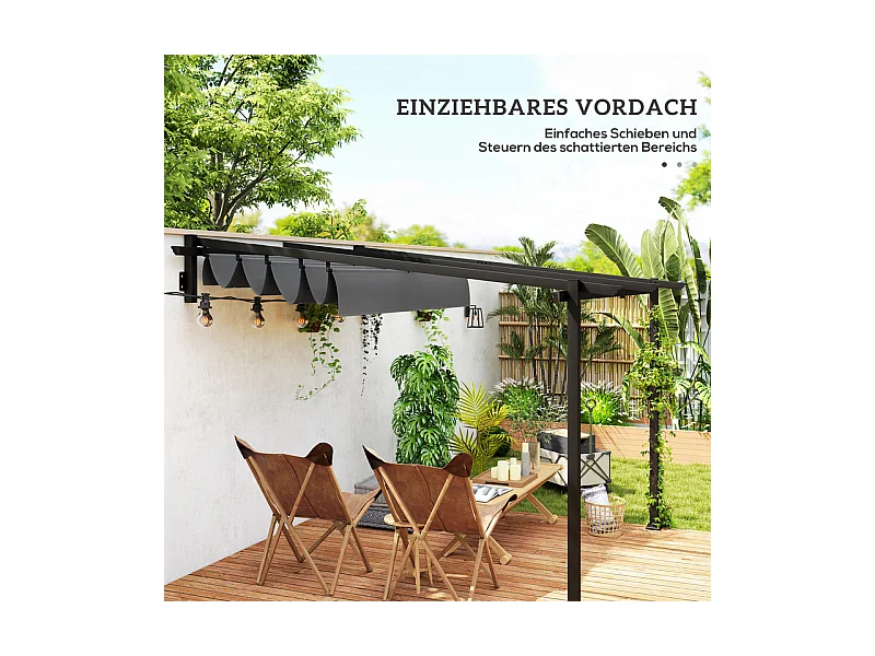 Pergola murale 297 x 297 x 200/230H cm, avec toile coulissante rétractable, structure aluminium, Gris