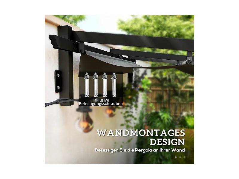 Pergola murale 297 x 297 x 200/230H cm, avec toile coulissante rétractable, structure aluminium, Gris